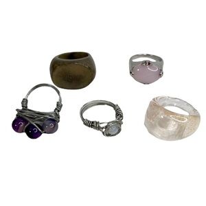 Lot of 6 Fashion Rings: Wired Wrapped, Wood & Glass